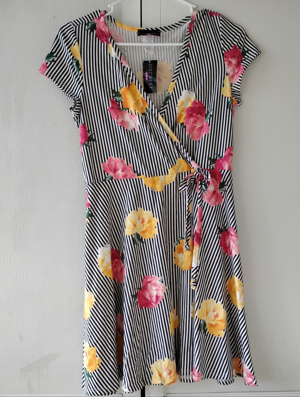 Discreet Black & White Striped Wrap Dress with Pink and Yellow Florals